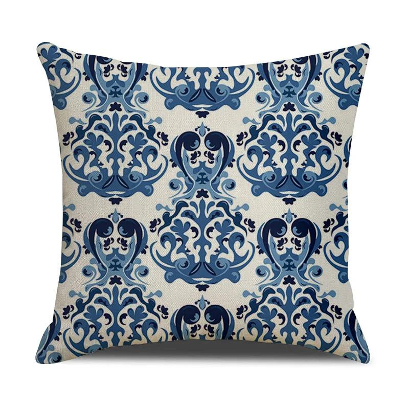 Chinese retro style blue and white ceramic printed fabric linen cotton throw pillow wrapped sofa home decoration pillow