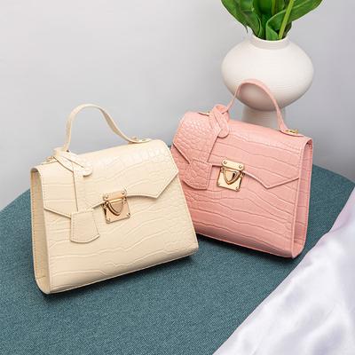 Chic Crocodile-Embossed Mini Handbag For Women - Trendy Solid Color, Fixed Strap, Twist Lock Closure, Polyester Lined