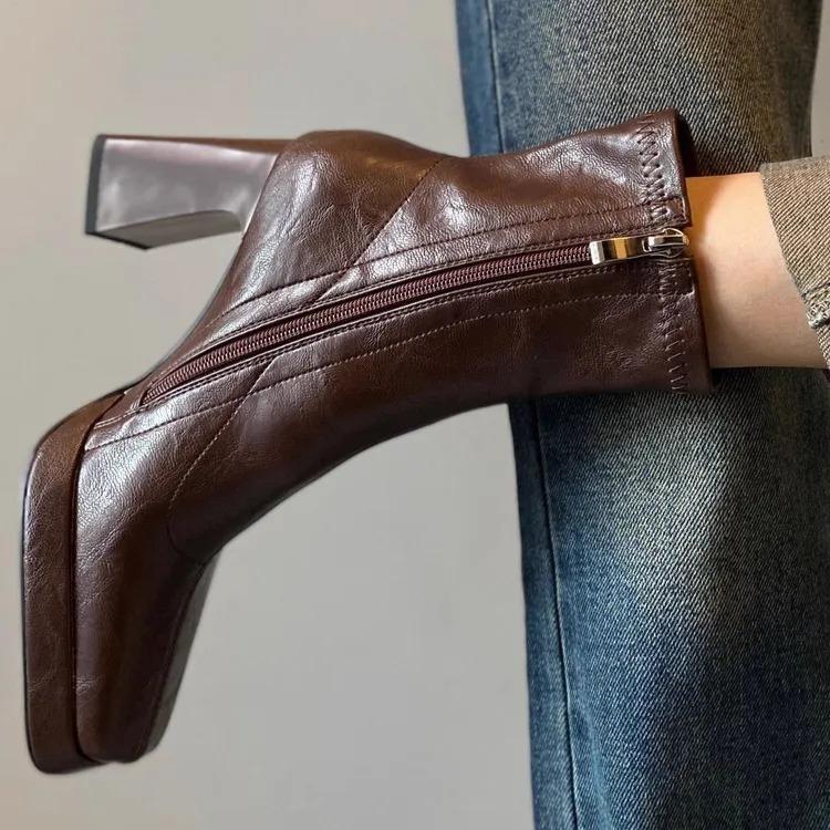 Block Heel Booties Women Fall Winter New Retro Platform Heightened Versatile Square Toe Rear Zipper