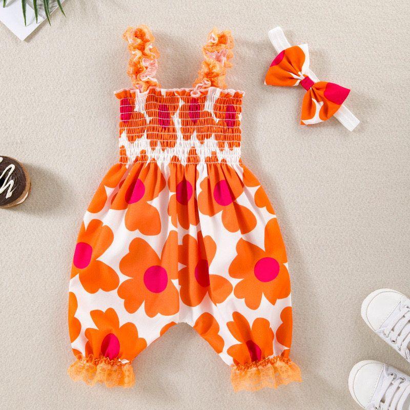 

Summer Baby Lace Suspender Bloomers with Cute Fruit Print and Stylish Ruffles, Baby Romper Set Orange Floral Jumpsuit 59cm (3-6m)