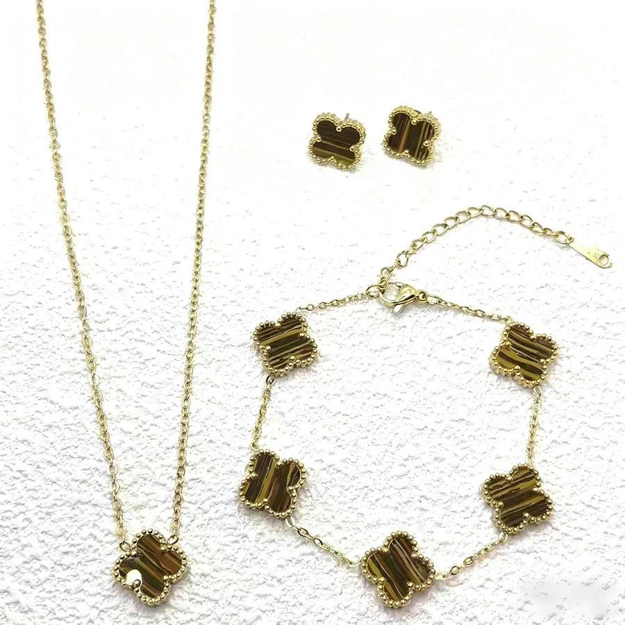 Ensemble de bijoux trèfle à quatre feuilles doré 13 mm: Bracelet, Collier, Boucles d'oreilles - Style Classique Haut de Gamme
