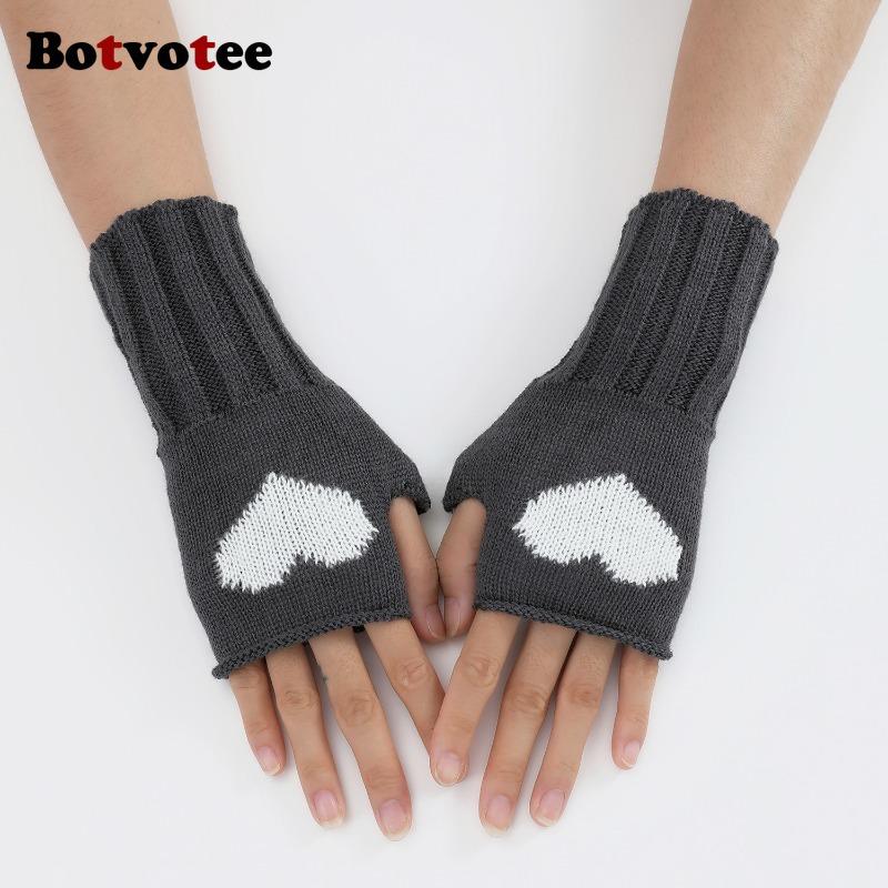 Botvotee Black Fingerless Gloves Women Winter Arm Warmers Y2k Accessories Knit Fashion Love Cute Short Hands Free Gloves Red