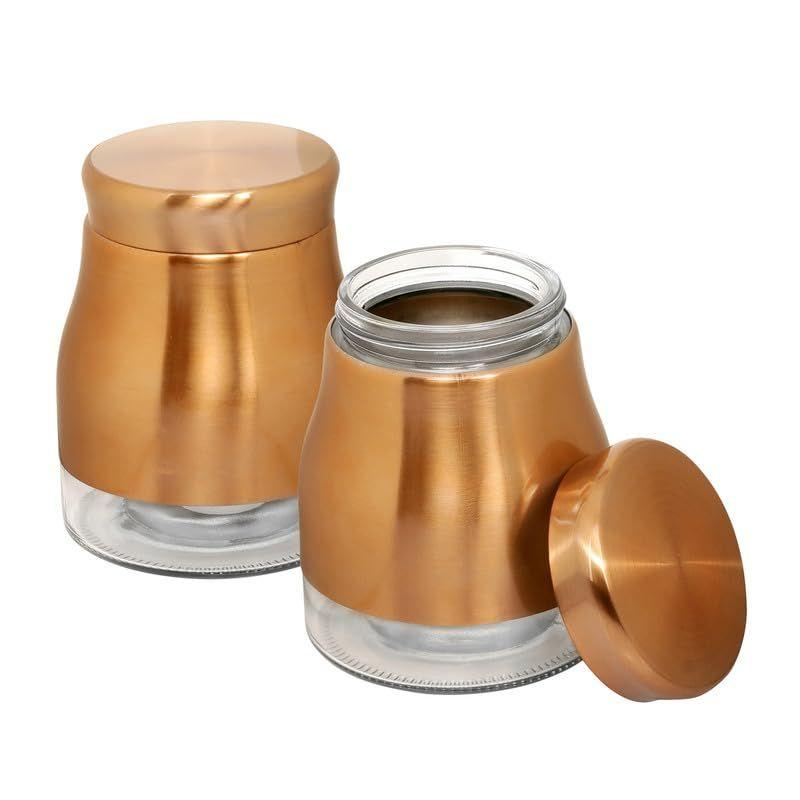 Rose Gold Finish - Bell Bottom Glass Jars for Sugar,Cereal, Spices, Pulses and other Kitchen Storage 880ml, Set of 2