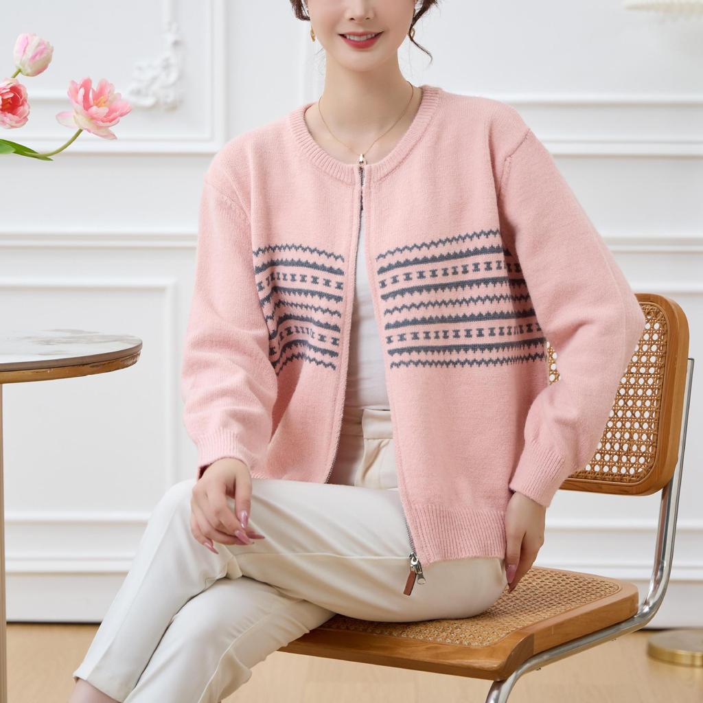 Korean Crew Neck zipper knitted cardigan women's 2025 autumn winter loose outer wear lazy wind lapel print sweater jacket coats