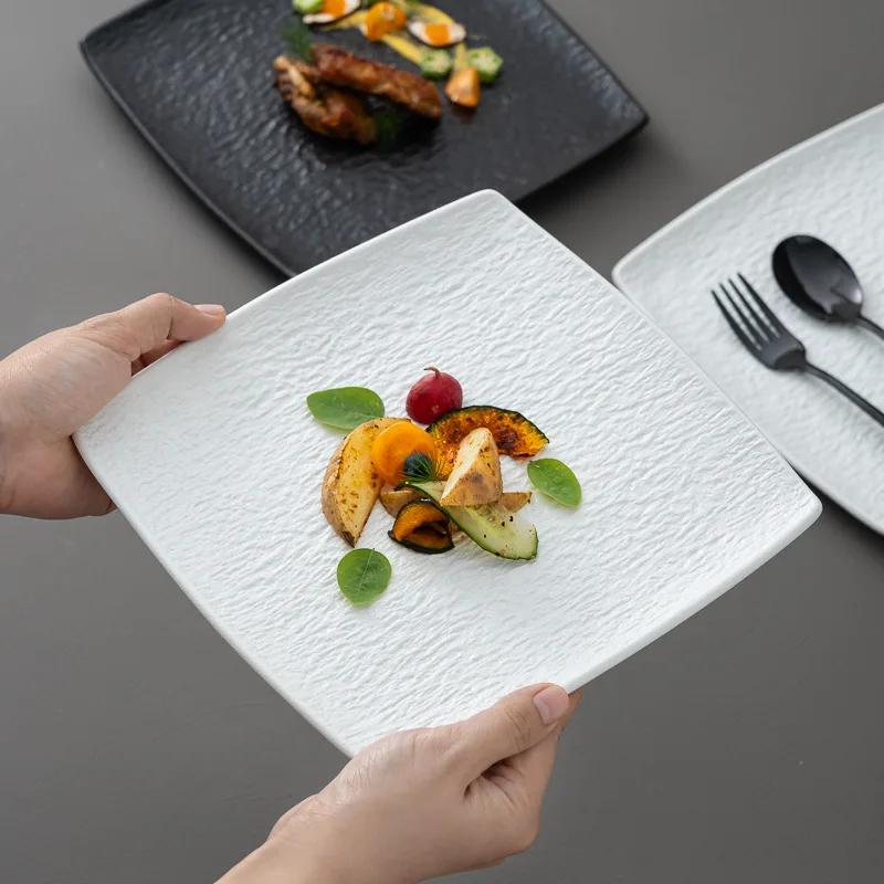 High Quality Matte Dinner Plates, Square Dishes, Black White Ceramic Plate, Household Tableware, Retro Grilled Meat Dish, 9 In.