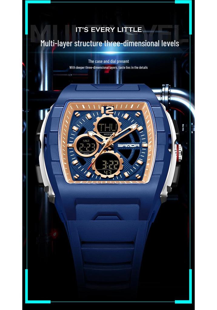 Sanda Men's Sports Barrel-Shaped Luminous Countdown Watch with Triple Time Zone and Dual Display, Waterproof Design.