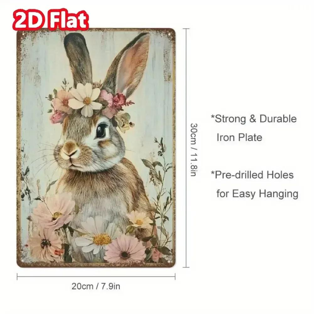 Bar tin painting BUNNYBLOSSOM Vintage Bunny with Floral Wreath Metal Tin Sign - Rustic Iron Wall Art for Home