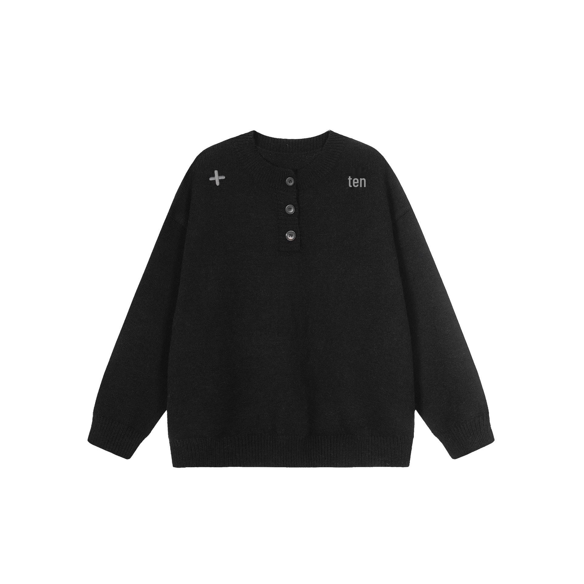 Men s Black Henley Collar Knit Sweater with Cross Decoration - Autumn/Winter Casual Pullover Triple Extra Large чёрный