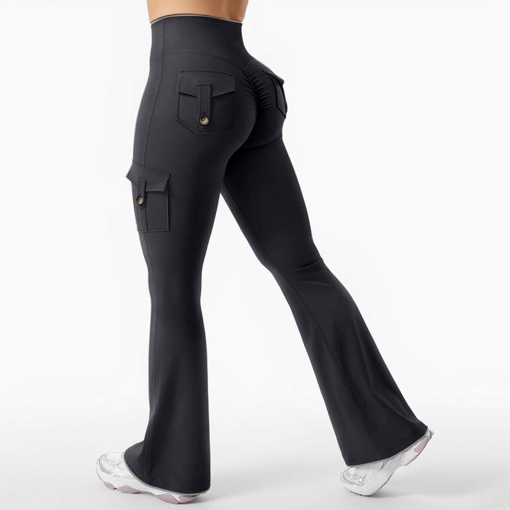 Women's Sports Flared Leggings With Pockets, Stretchy High-Waisted Workwear Yoga Pants