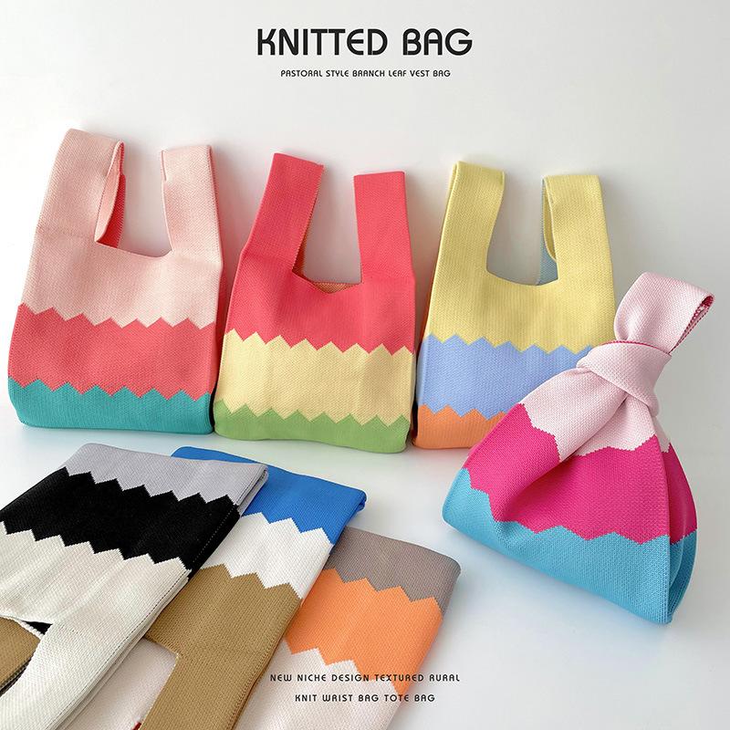 Simple Color Matching Knitted Shoulder Handbag Hand Bag Casual All-match Large Capacity Tote Bag