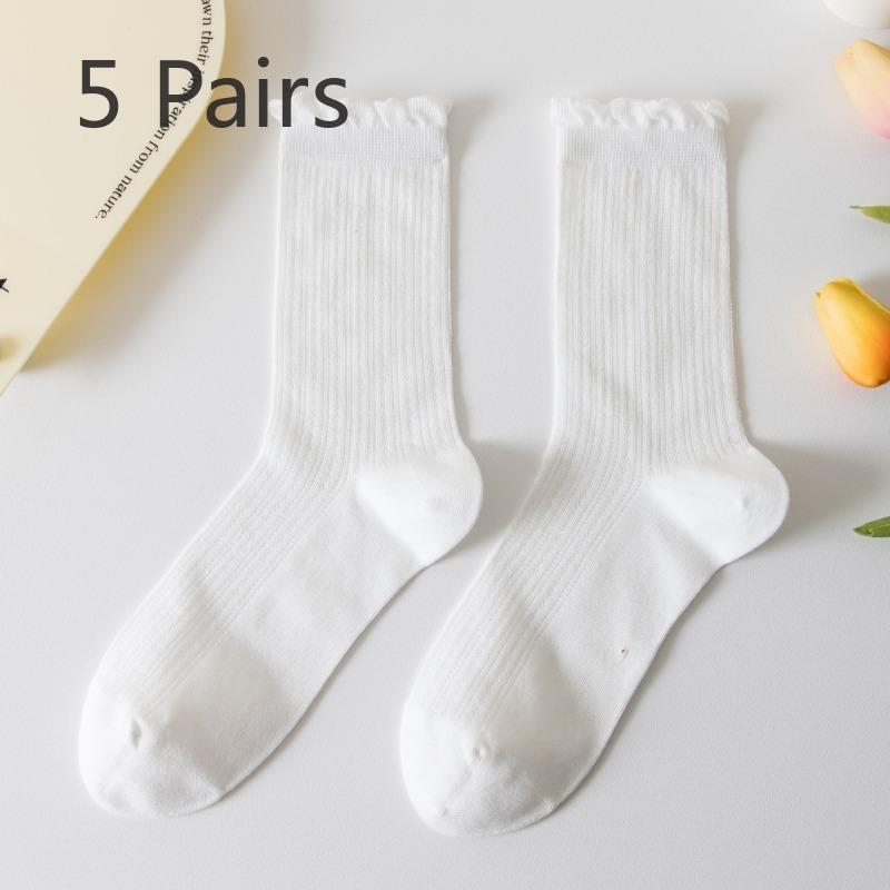 5 Pairs of New Female Spring and Summer Mesh Auricular Rimmed Boneless Pure Cotton Tube Stack Socks