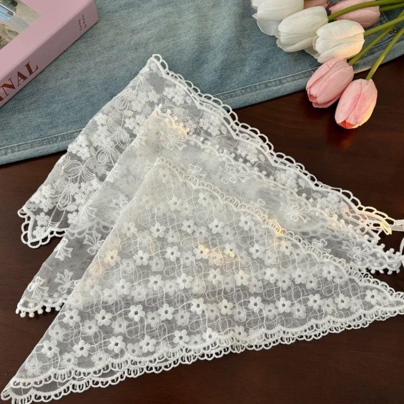 Retro Floral Lace Embroidered Triangle Headscarf Fashion Bandanas Neck Scarf White Woven Floral Hair Scarf Headband Neck Scarf