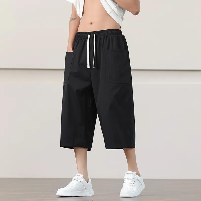 Summer Chinese Style Men Soild Color Calf Lenght Pants Men Breathable Lightweight Trousers Man Loose Daily Casual Striped Bottom