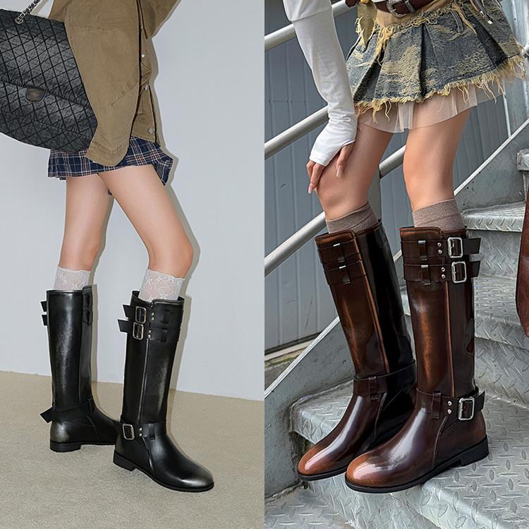 Belt Buckle But Knee Boots Low Heel High Knight Boots Women's 2025 New Retro Brown Western Cowboy Boots