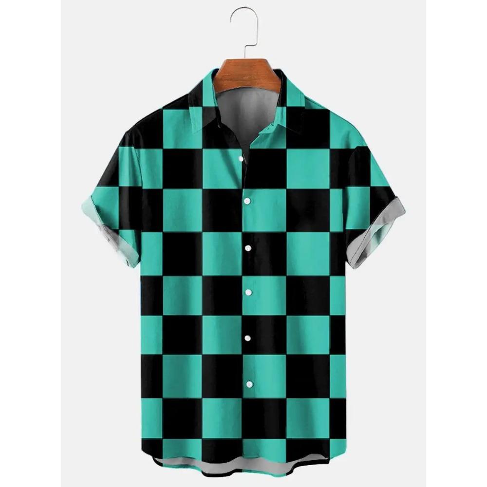 

Men s Hawaiian Shirt Summer Lapel Plaid Printed for Men Casual Fashion Short Sleeve T-Shirt Retro Funny Male Clothes S
