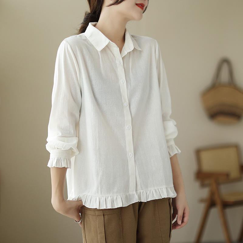 Plus Size Women s Long Sleeve Cotton-Linen Shirt with Ruffled Lapel 2XL