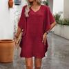 Summer Linen V Neck Flare Sleeve Mini Dress Casual Loose Ruffle Hem Shift Dress