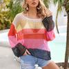 Women Crochet Hollow Out Cover Up Long Sleeve Color Block Crew Neck Beach Bikini Swimsuit Mesh Top Pink XL