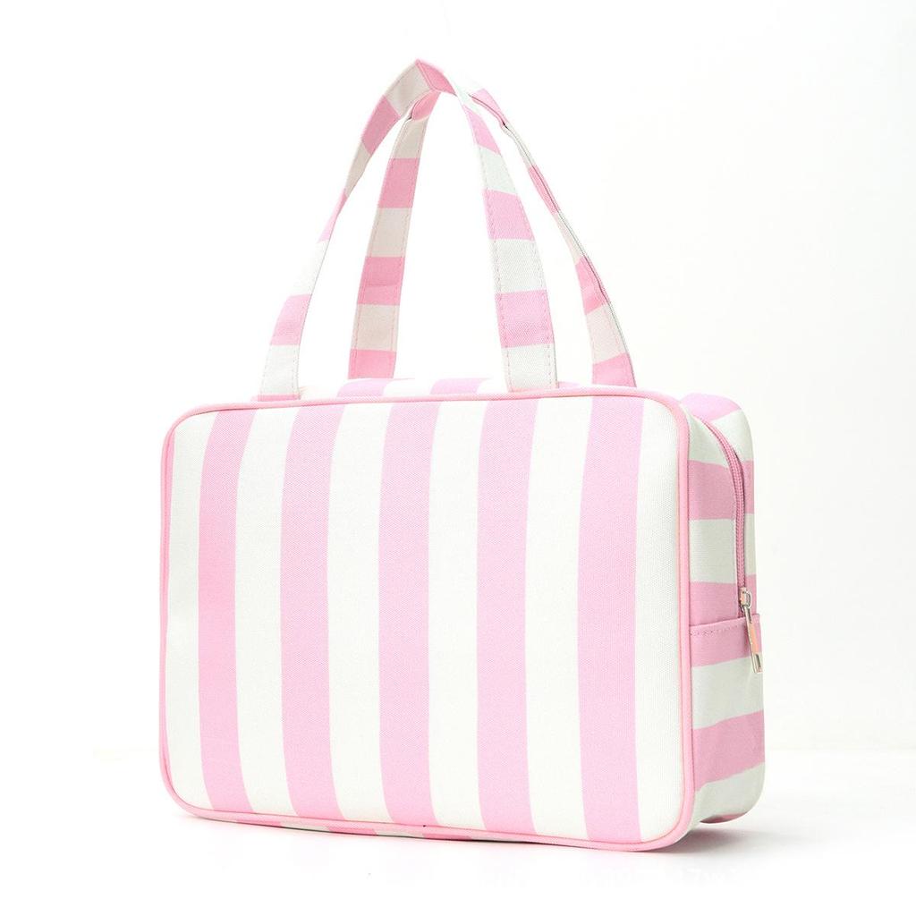 Pink and White Striped Canvas Makeup Bag - Large Capacity Travel Toiletry Handbag for Women