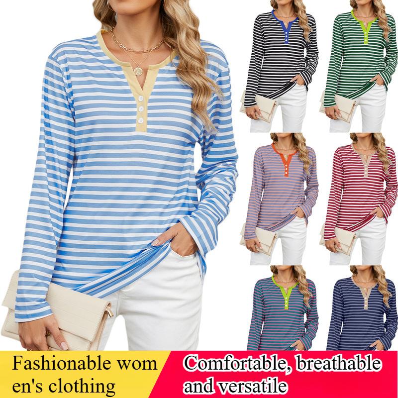 Europäisches und amerikanisches Damen Herbst- und Winter V-Ausschnitt Kontrastgestreift Locker Langärmlig Damen T-Shirt