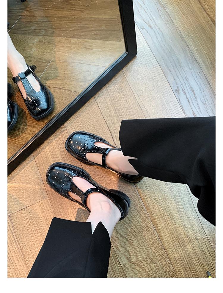 

Cowhide version~ British style engraved leather thick-soled Mary Jane small leather shoes women s spring one-pedal loafers single shoes laden shoes 40
