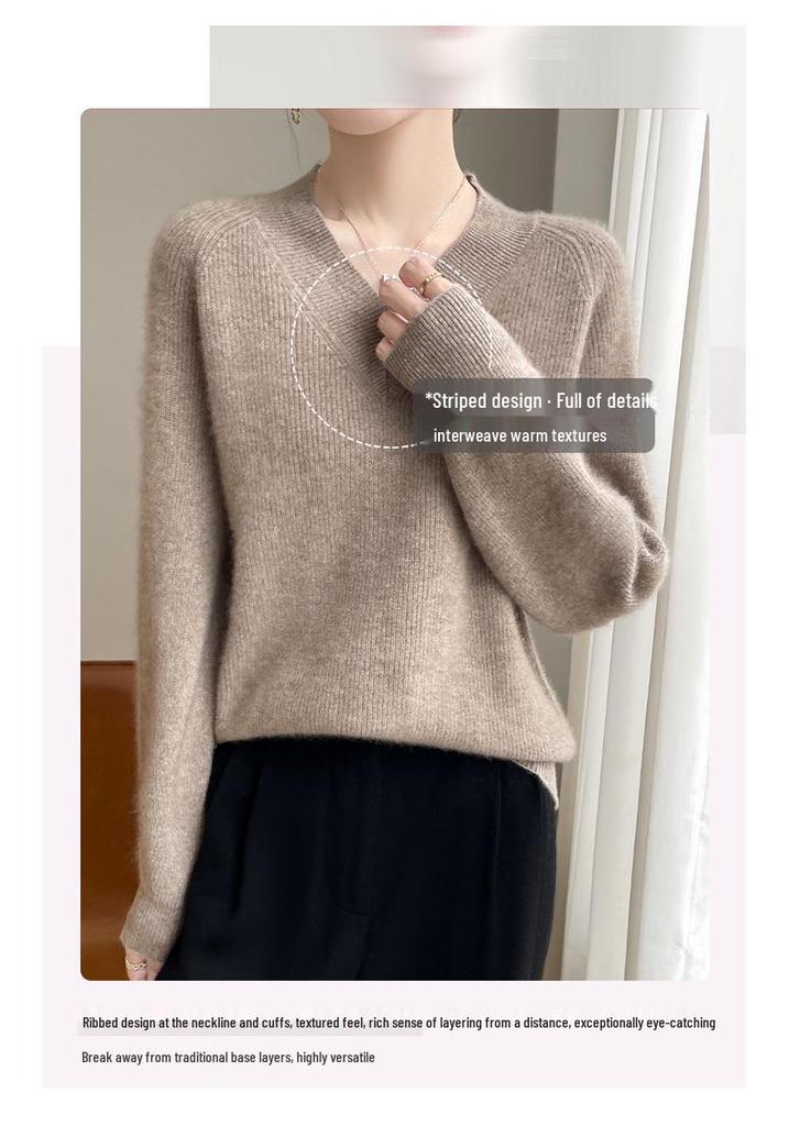 Women's Large V-Neck Cashmere Wool Sweater: Solid Color, Loose Fit, Soft Knitted, Thickened for Autumn & Winter.