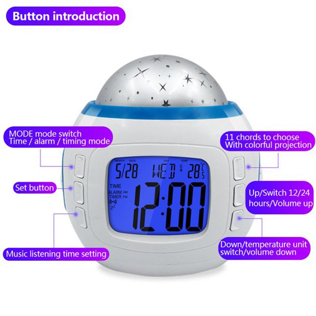 Digital Alarm Clock Starry LED Projector Nightlight with Temperature Calendar Music Digital Alarm Clock for Living Room Kid Room
