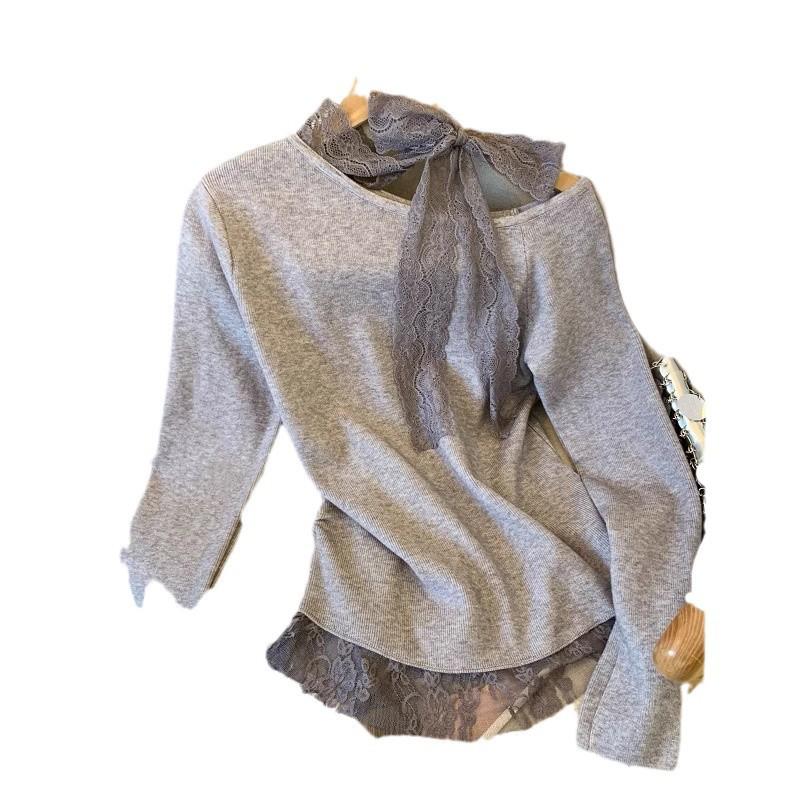 Bowknot Oblique Shoulder Lace Splicing Top for Women - 2025 Spring/Autumn Trendy High-End Base Layer