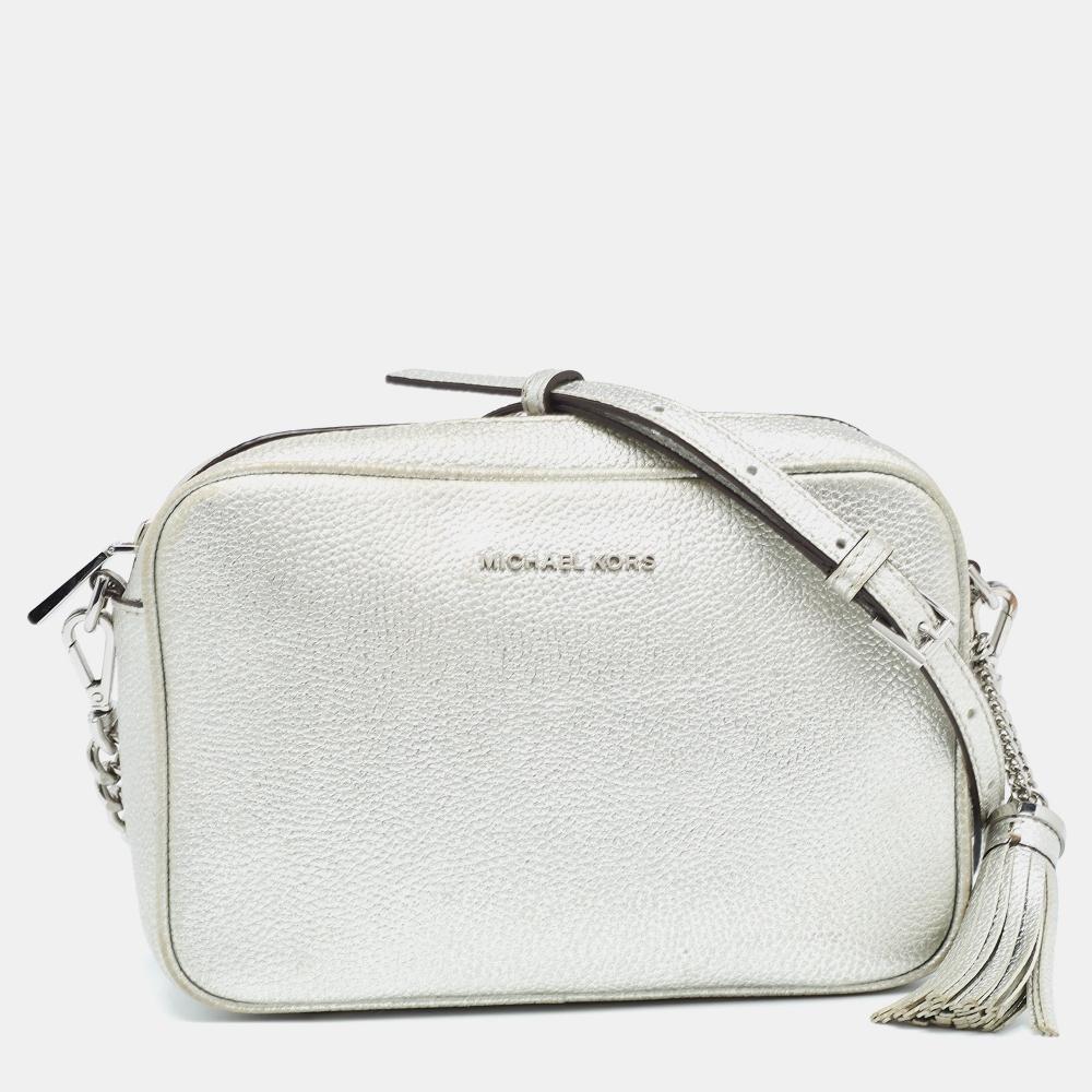 

Michael Kors Leather Jet Set Camera Crossbody Bag silver