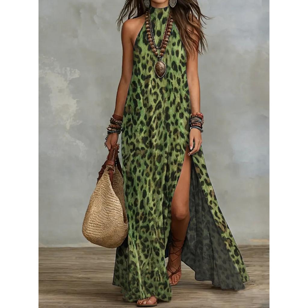 Paisley Print Halter Neck Long Maxi Dress, Fashion Casual Summer Long Dress for Women European American