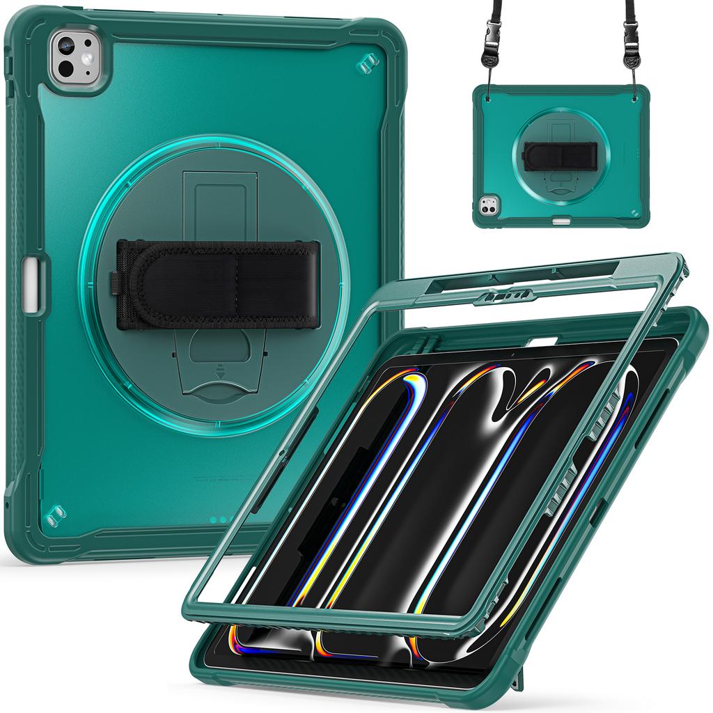 For iPad Pro 13 (2025)/(2024) Case Hand Strap Kickstand PC+TPU+Silicone Cover with Shoulder Strap