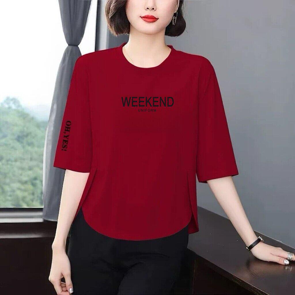 

Women s Stylish Red Letter Print Three-Quarter Sleeve T-Shirt: Loose, Slimming, Tummy-Concealing, Age-Reducing Top for Middle-Aged and Elderly. 2X-Large
