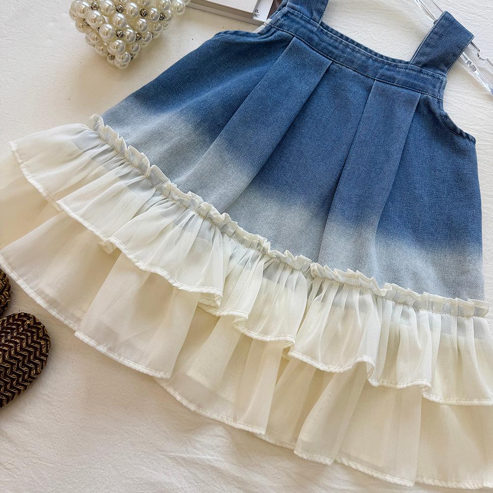 Girls' Summer Denim Gradient Ruffle Mesh Overall Skirt Dress