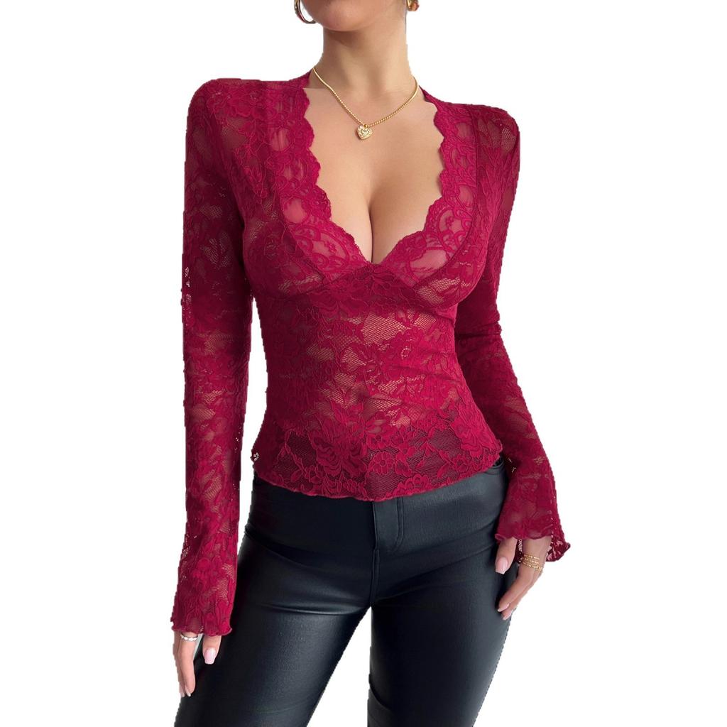 Fall/Winter New Style Solid Color Sexy Lace Tight V-Neck Long-Sleeve T-Shirt Women's Top