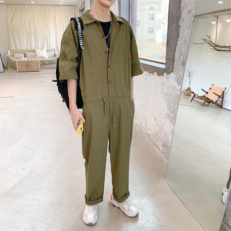 Men's Overalls Jumpsuits Summer Fashion Casual Nine Point Cargo Pants Japanese Retro Male Clothes Couple Loose Solid Color Suit