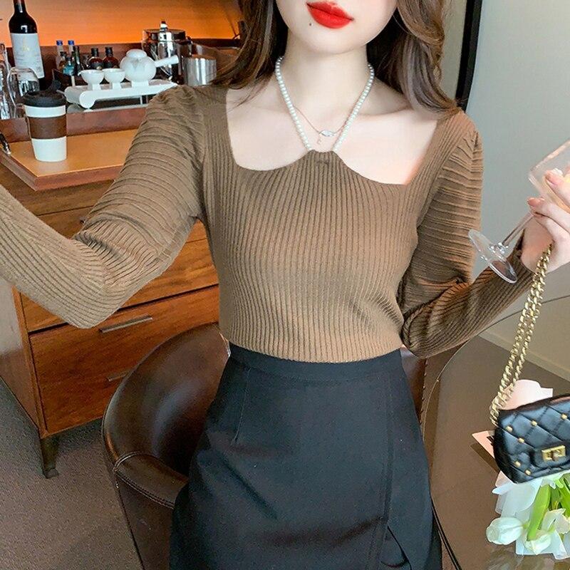 Style français perle licou pull doux col carré hauts en tricot femmes pull automne coupe ajustée à manches longues hauts vêtements 28864