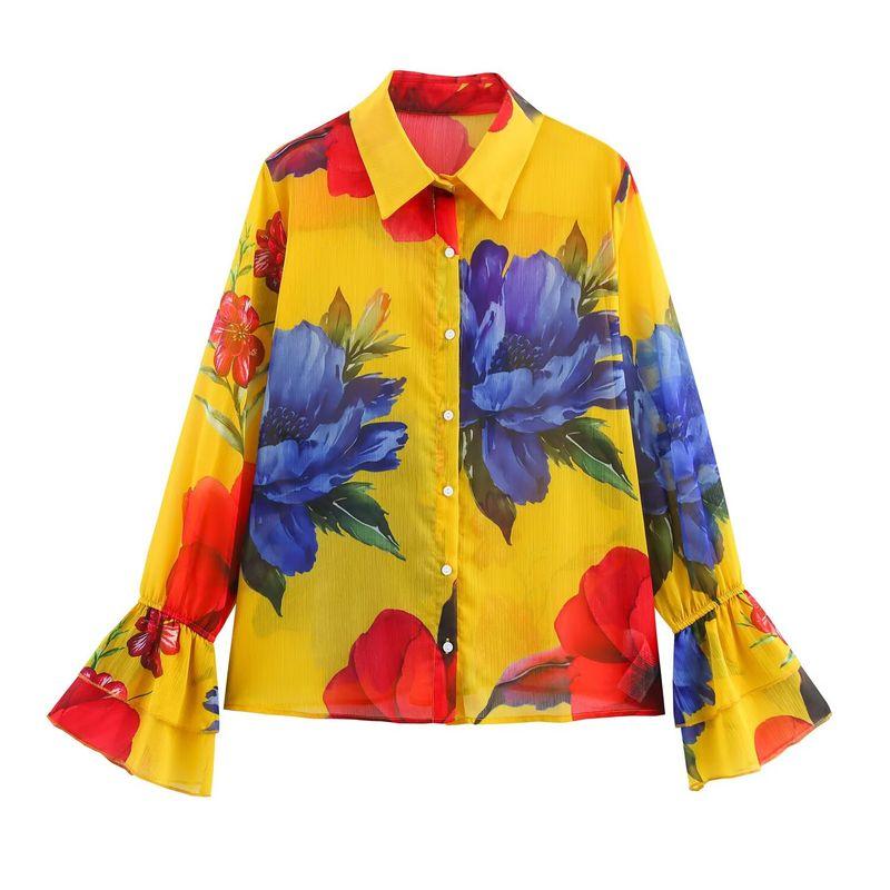 

Jnleaog Autumn New Women s Clothing Fashion Style Stylish Fashion Flared Sleeves Print Chiffon Shirt Yellow XL