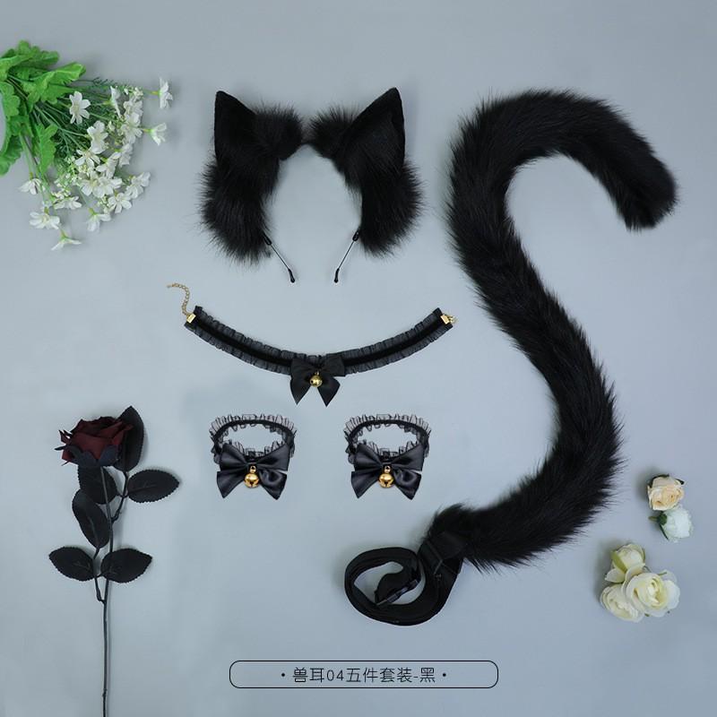Furry Animal Ear Tail Set With Lace Hand Bells Neck Bell Headband Cosplay Costume
