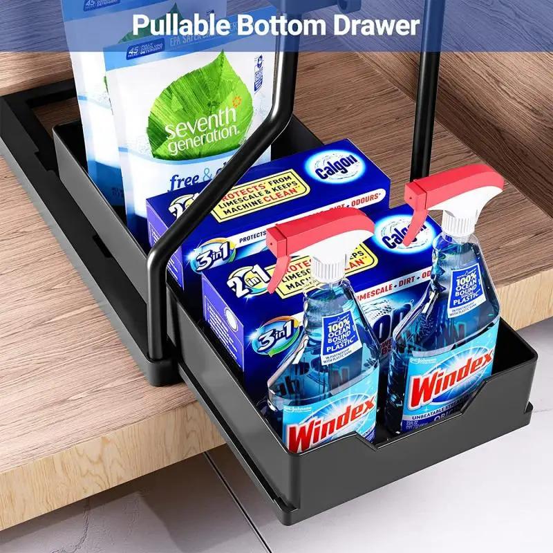 Multifunctional Drawer Shelf Organizer, Under Sink Storage, Kitchen Rack, Bathroom Table Cabinet, 2 Layers Pull Out