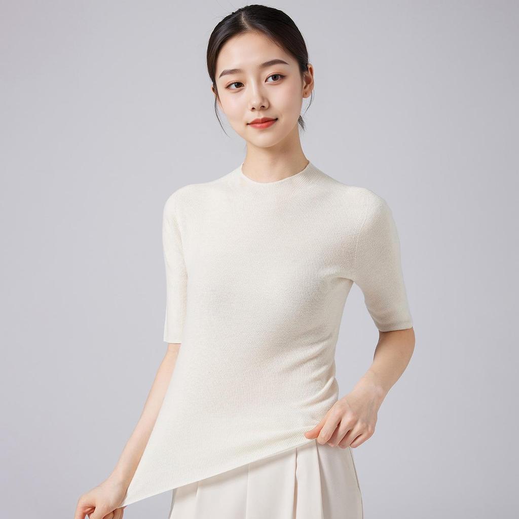 Pure Wool Women's Mid-Sleeve Autumn Sweater: Slimming Half-High Collar Bodycon Knitted T-shirt
