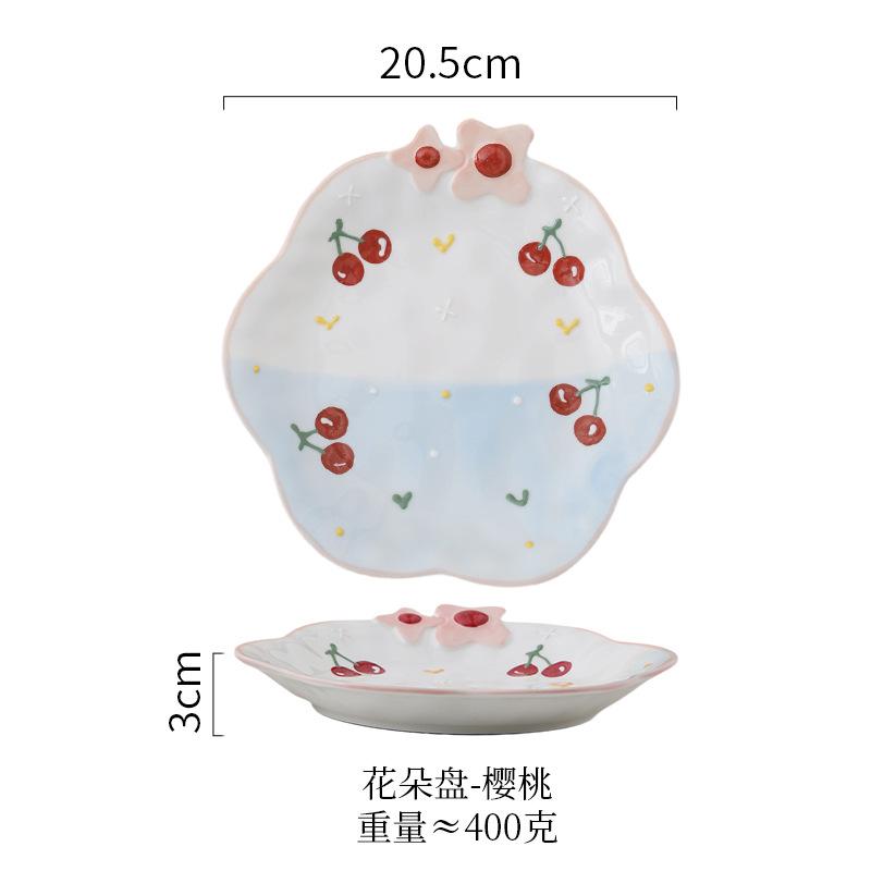 Hand-Painted Relief Flower Ceramic Plate, Breakfast Plate, Dessert Plate, Household Dish Plate, Cute Fruit Plate, Pasta Salad Plate
