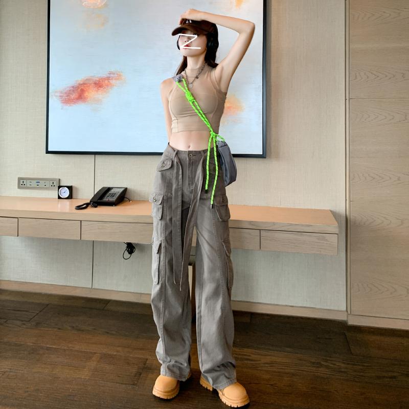 2022 Autumn Fashion Loose Casual Trousers Vintage Streetwear Retro Overalls Wide Leg Cargo Women Pants Womens Trousers Low Waist