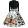 Women's Casual Vintage V-Neck Long Sleeve Dress with Christmas Print for Holiday Party