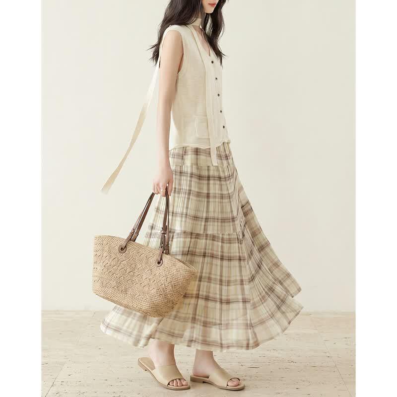 Demana Summer V-Neck Sleeveless Top & Plaid Skirt Set M