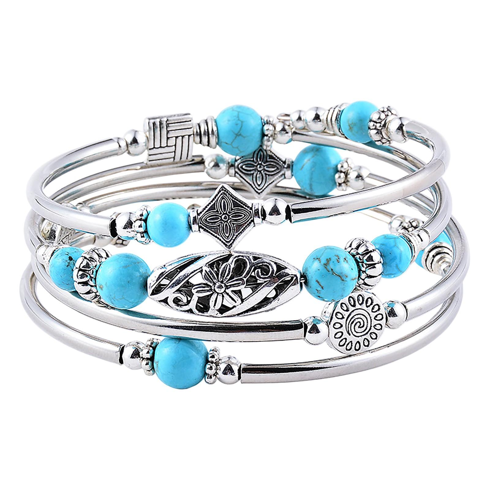 

Браслет из натурального бирюзового камня, многослойный браслет из натуральных камней с бусинами One Size циан