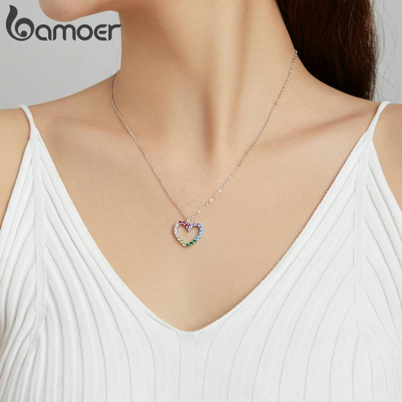 BAMOER 925 Sterling Silver Curcubeu Colorat Inimă Model Dragoste Orbitor Zircon Colier Lanț Veriga pentru Femei Bijuterii