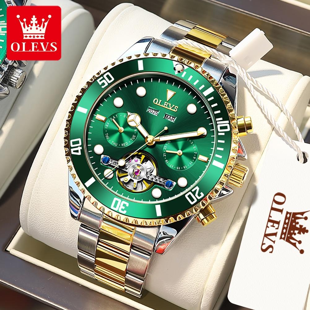 OLEVS 6605 Classic Original Mechanical Wristwatches For Man Skeleton Flywheel Calendar Business Automatic Men's Watch