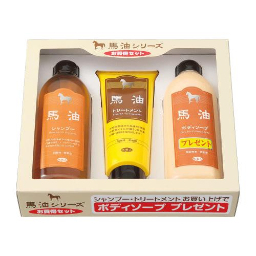 Azuma Shoji Horse Oil Shampoo, Horse Oil Treatment, Horse Oil Body Soap, Tabibijin 3-piece Set, Boxed [Includes Imabari Towel Handkerchief] (Floral Pa