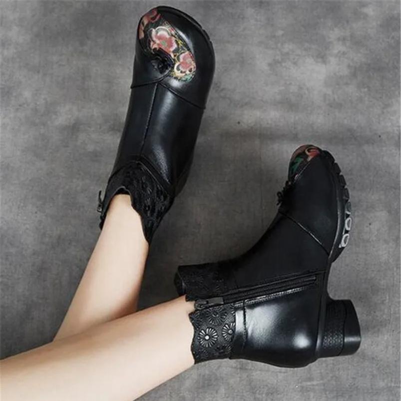 2025 New Autumn Winter Genuine Leather Shoes Women Boots Round Toe Print Sewing Zip Retro Leisure Platform Boots