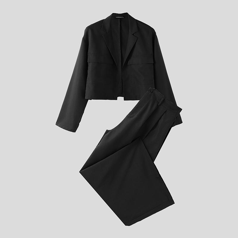 

INCERUN Men Outfits Long Sleeve Cropped Blazer and Long Wide Legs Pants Casual 2PCS Sets M